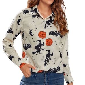 Halloween icon button front long sleeve blouse- M